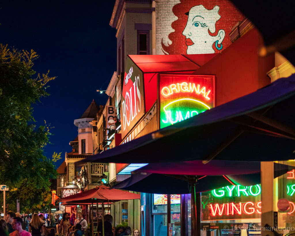 Street photography - A neon nighttime street scene of the Adams Morgan neighborhood in Washington, DC